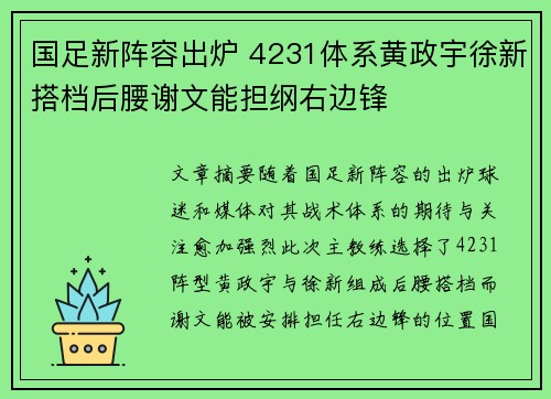 国足新阵容出炉 4231体系黄政宇徐新搭档后腰谢文能担纲右边锋