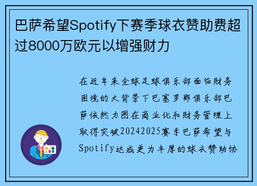巴萨希望Spotify下赛季球衣赞助费超过8000万欧元以增强财力