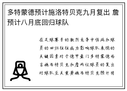 多特蒙德预计施洛特贝克九月复出 詹预计八月底回归球队