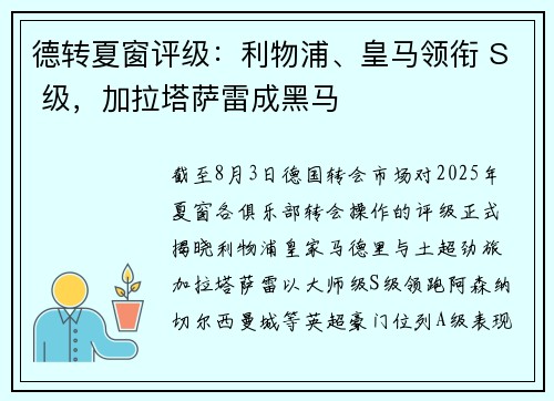 德转夏窗评级：利物浦、皇马领衔 S 级，加拉塔萨雷成黑马