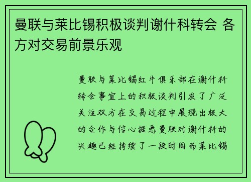 曼联与莱比锡积极谈判谢什科转会 各方对交易前景乐观