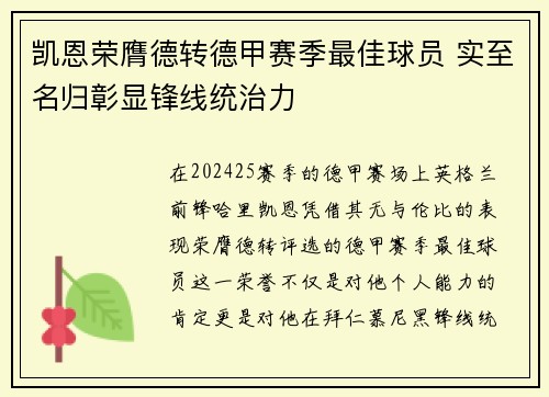 凯恩荣膺德转德甲赛季最佳球员 实至名归彰显锋线统治力