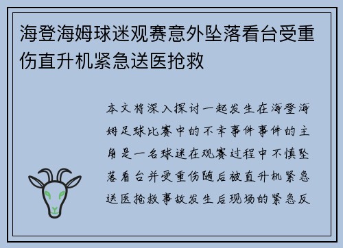 海登海姆球迷观赛意外坠落看台受重伤直升机紧急送医抢救 海登海姆球迷观赛意外坠落看台受重伤直升机紧急送医抢救